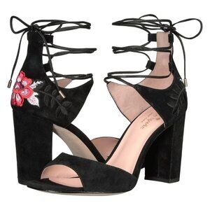 Kate Spade Oasis Size 9 Black Suede Embroidered Block Heel Sandals